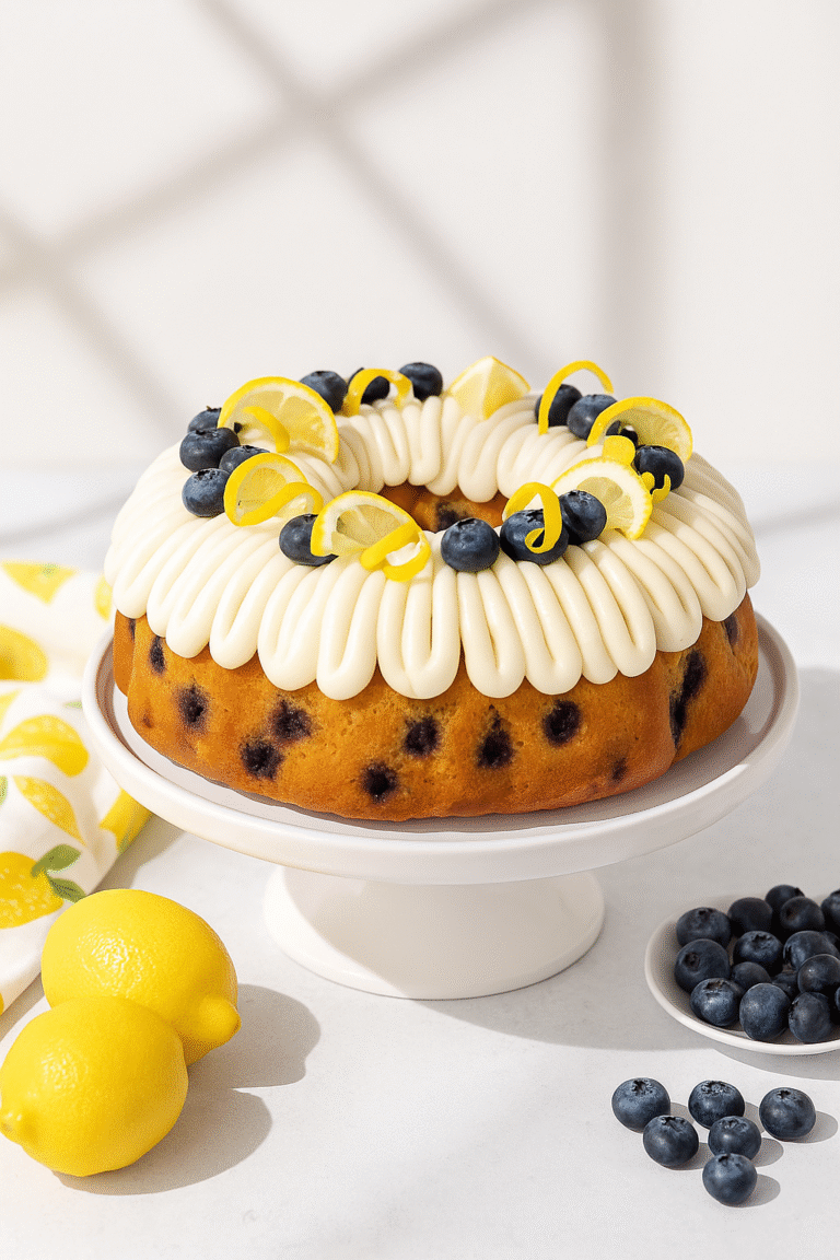 Slice of lemon blueberry Bundt cake with cream cheese frosting on a white plate, with the rest of the cake and fresh lemons and blueberries in the background.