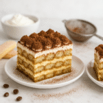 Bakery style triple layer tiramisu topped with cocoa powder and chocolate shavings on a white plate with coffee beans and ladyfingers