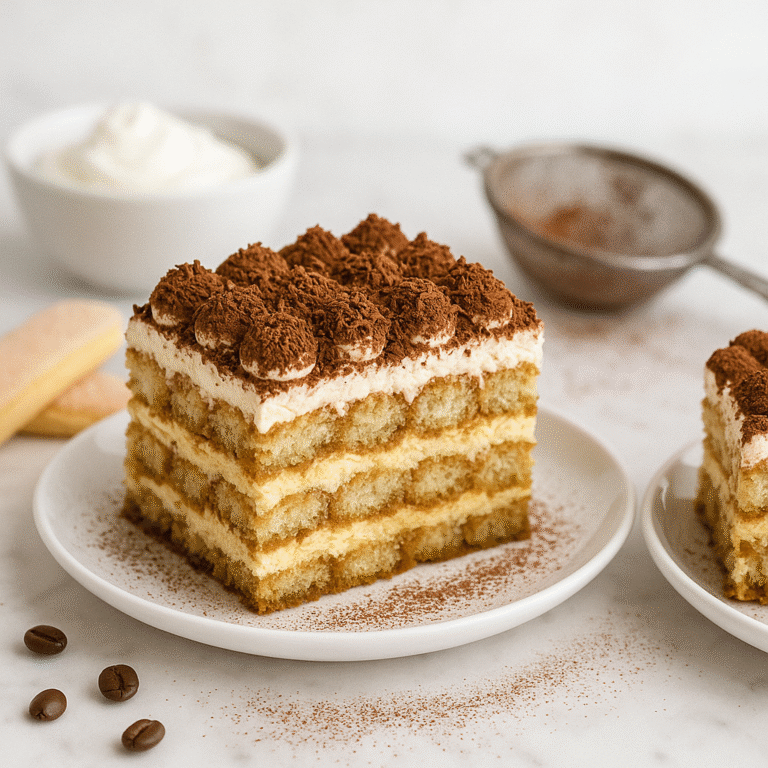 Bakery style triple layer tiramisu topped with cocoa powder and chocolate shavings on a white plate with coffee beans and ladyfingers