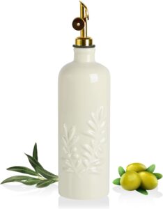Sweejar 18 Oz Ceramic Oil Dispenser for Kitchen with Gravity Spout | Olive Oil Bottle | Relief Opaque | For Evoo, Vinegar, Soy Sauce | Pack of 1 | Beige with Gold Spout