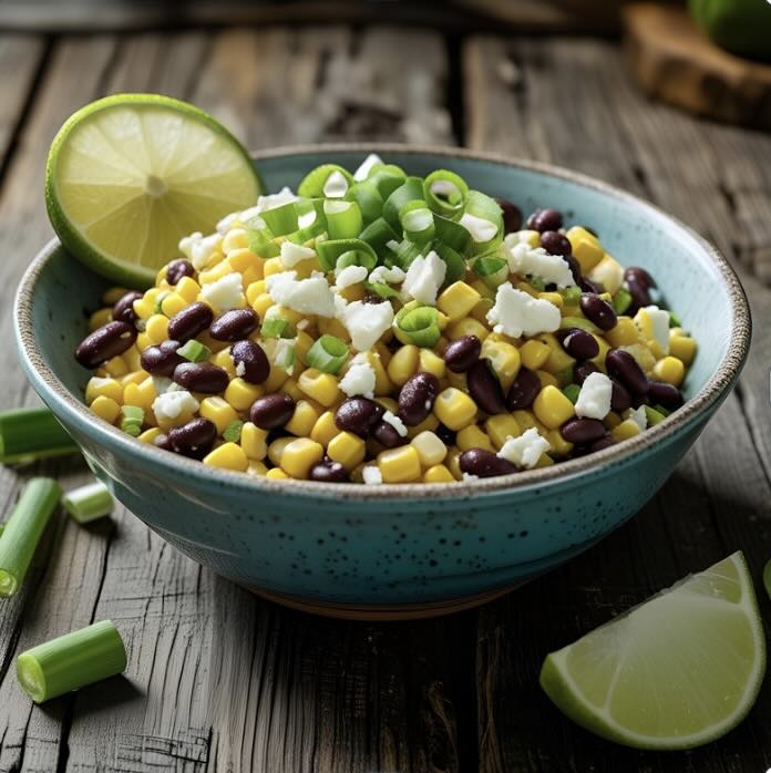Bowl of Mexican corn and black bean salsa with tortilla chips in a white kitchen setting.