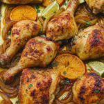 Golden mojo chicken legs with caramelized onions and lime wedges on a parchment-lined sheet pan